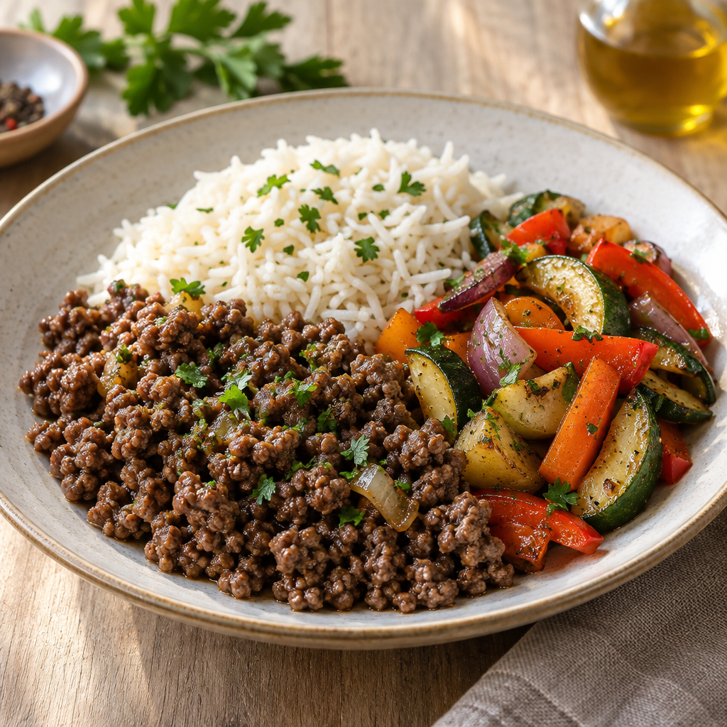 Photo du plat Bœuf haché, riz basmati & poêlée de légumes