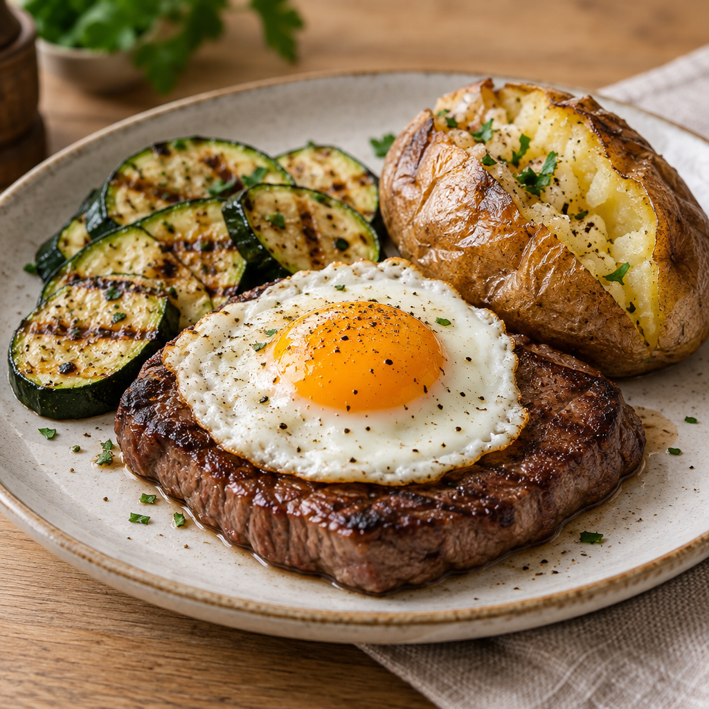 Photo du plat Steak à cheval & courgettes grillées