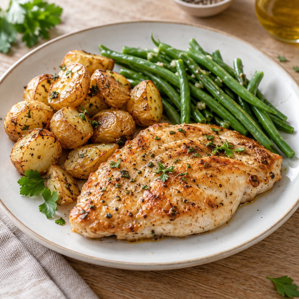Photo du plat Escalope de dinde, grenailles & haricots verts