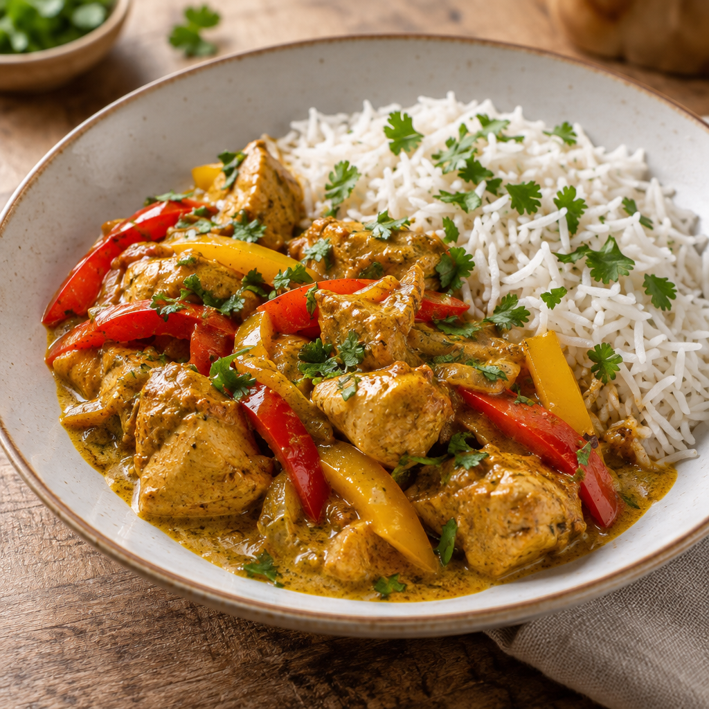 Photo du plat Poulet au curry, riz basmati & poivrons