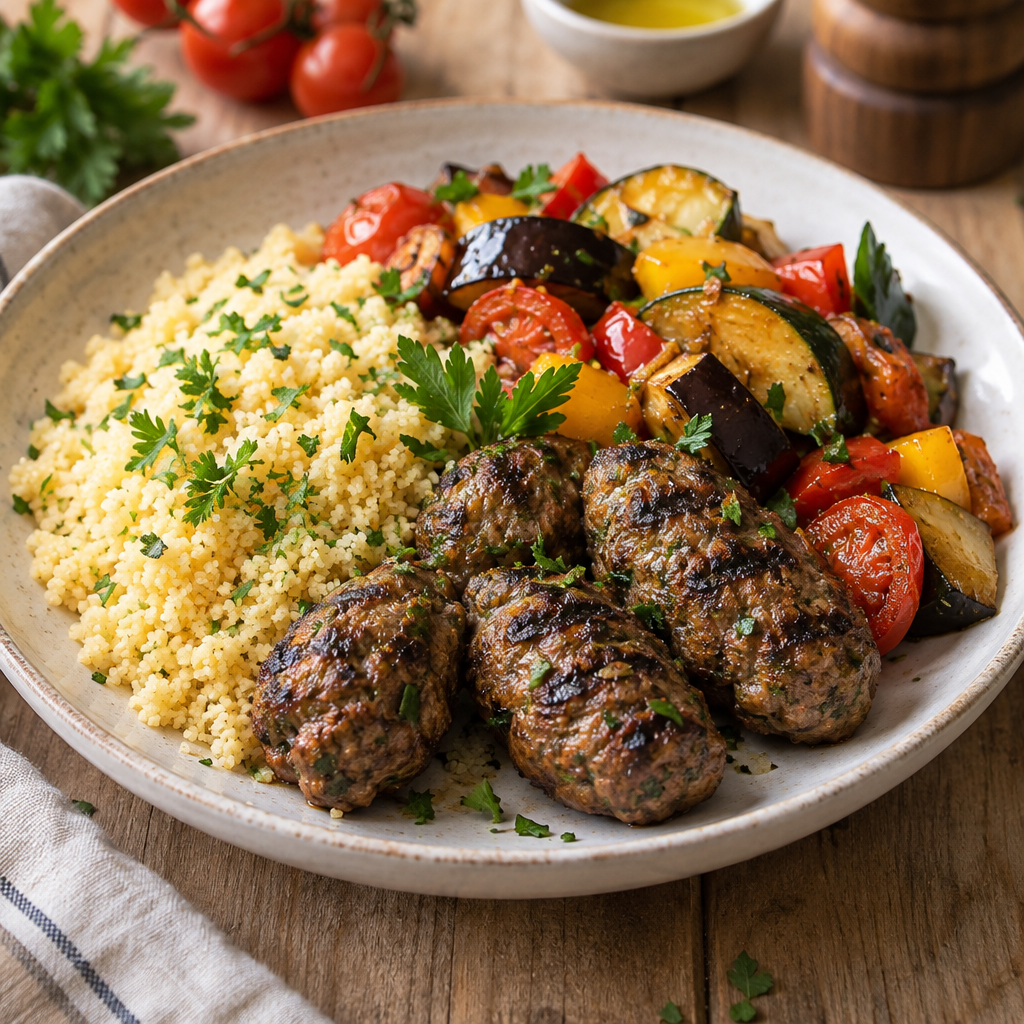 Photo du plat Kefta de bœuf, semoule & légumes du soleil